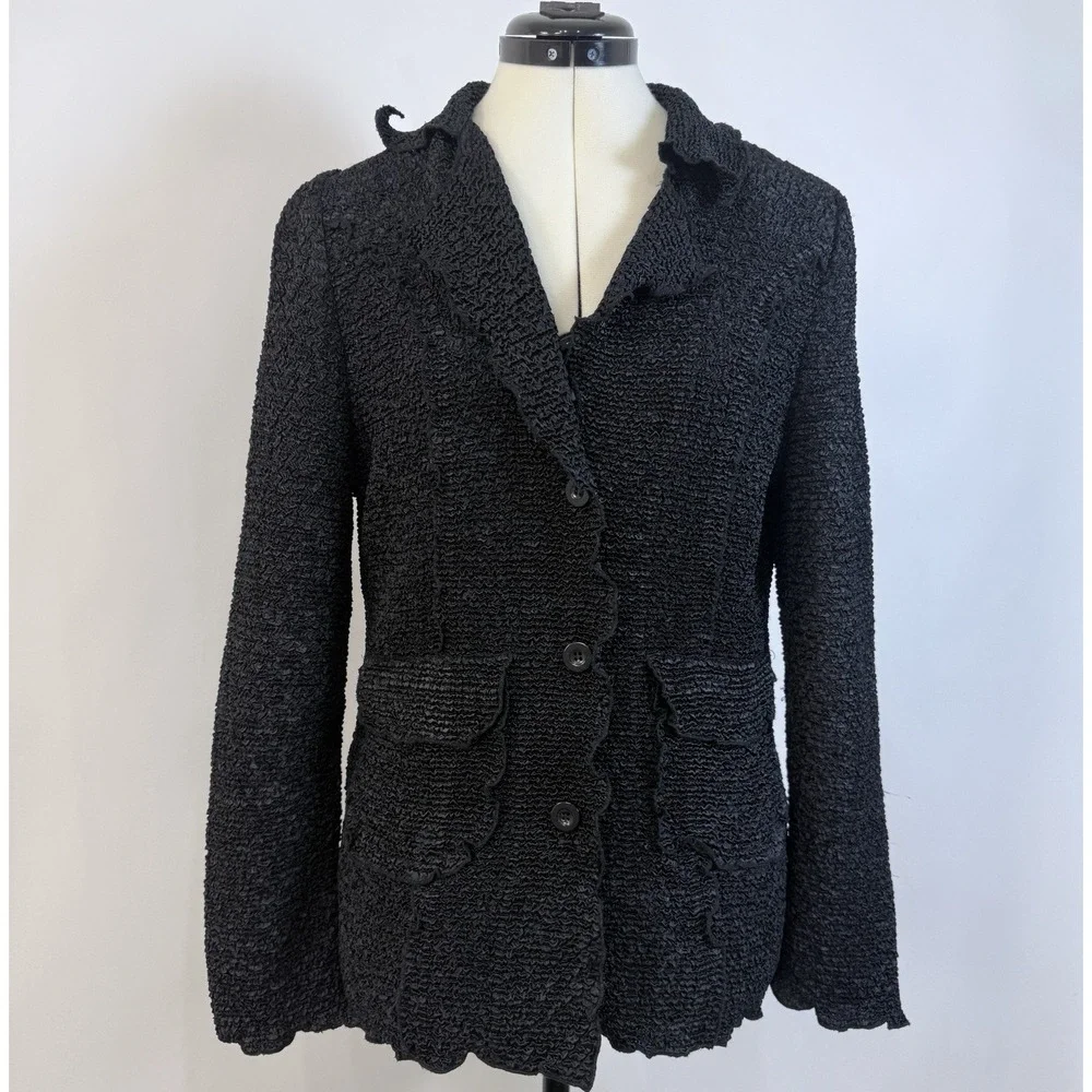 Vintage Blazer Jacket Womens‎ L Black Crinkle Texture Lettuce Ruffle Stretchy